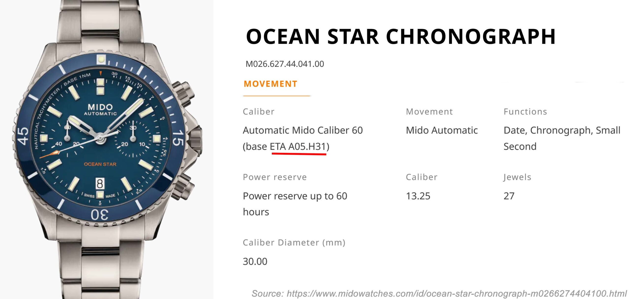 Mido Cal 60 Ocean Star Chrongraph A05 H31